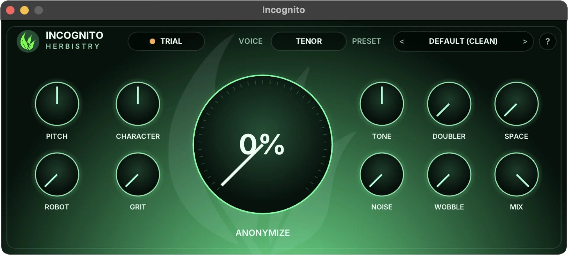 The Incognito plugin interface: pitch, character, robot and grit controls, a central Anonymize dial, and tone, doubler, space, noise, wobble and mix knobs