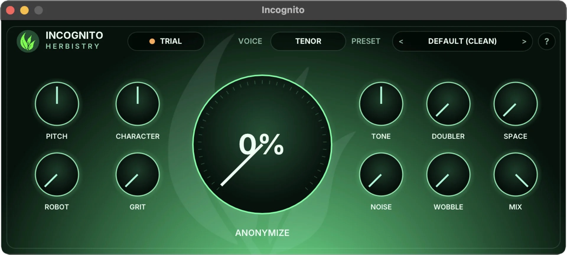 The Incognito plugin window, showing eleven dials around a large central Anonymize dial, with a brand badge, trial status, Voice selector and Preset selector across the top
